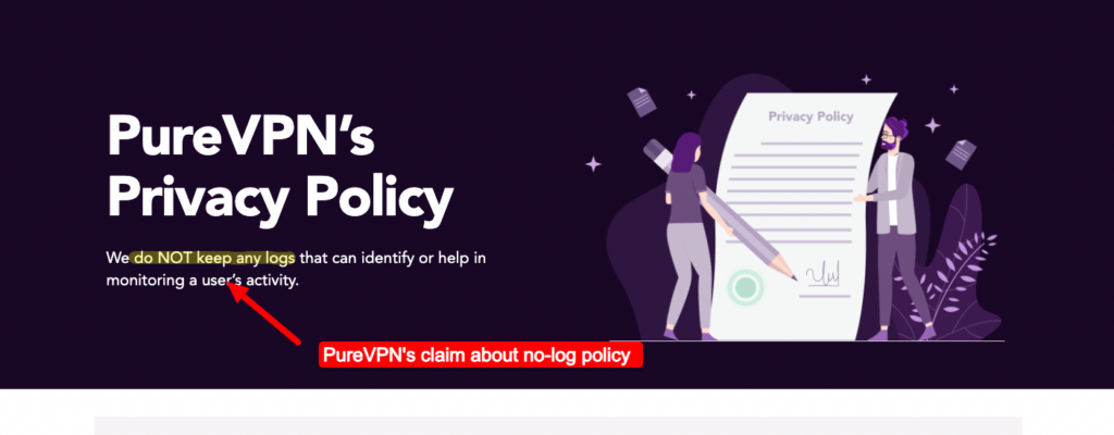 PureVPN no log claims in Privacy policy