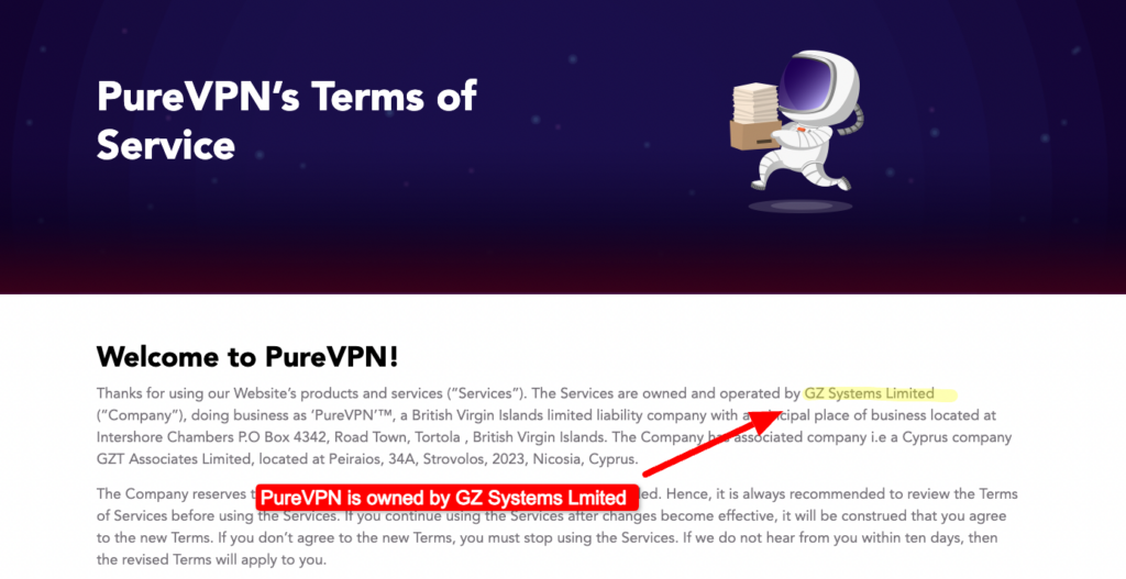 PureVPN Ownership as stated in the Terms of Service