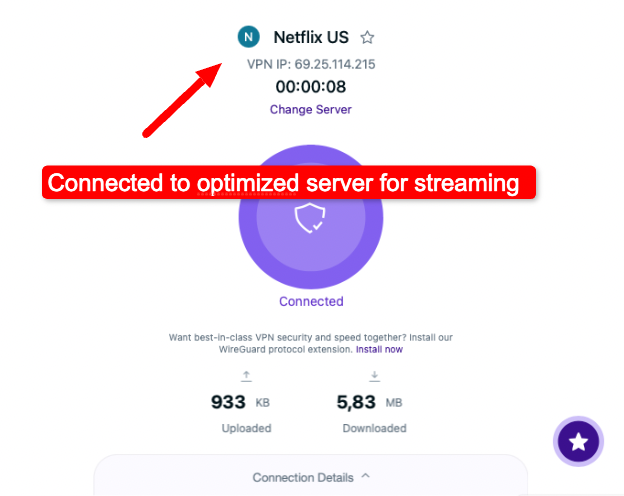 PureVPN for streaming: connected to US server optimized for streaming