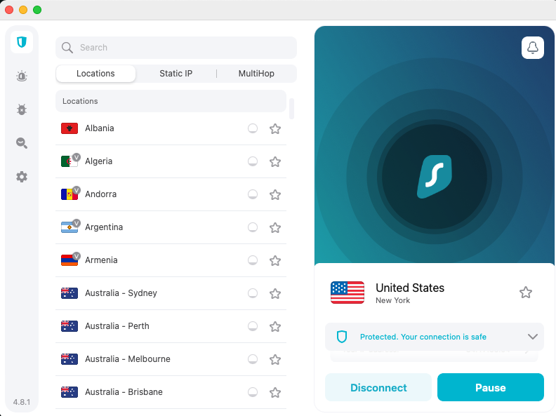 Surfshark VPN review: Main user interface (Connected to US server)