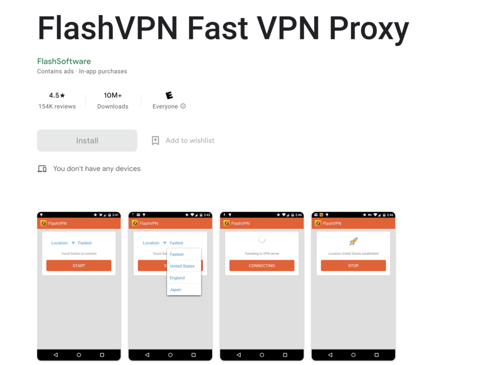FlashVPN review: Google Play Store